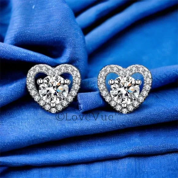 Certified 1ct. t.w. Diamond Moissanite Heart Frame Halo Stud Earrings - Picture 5 of 14